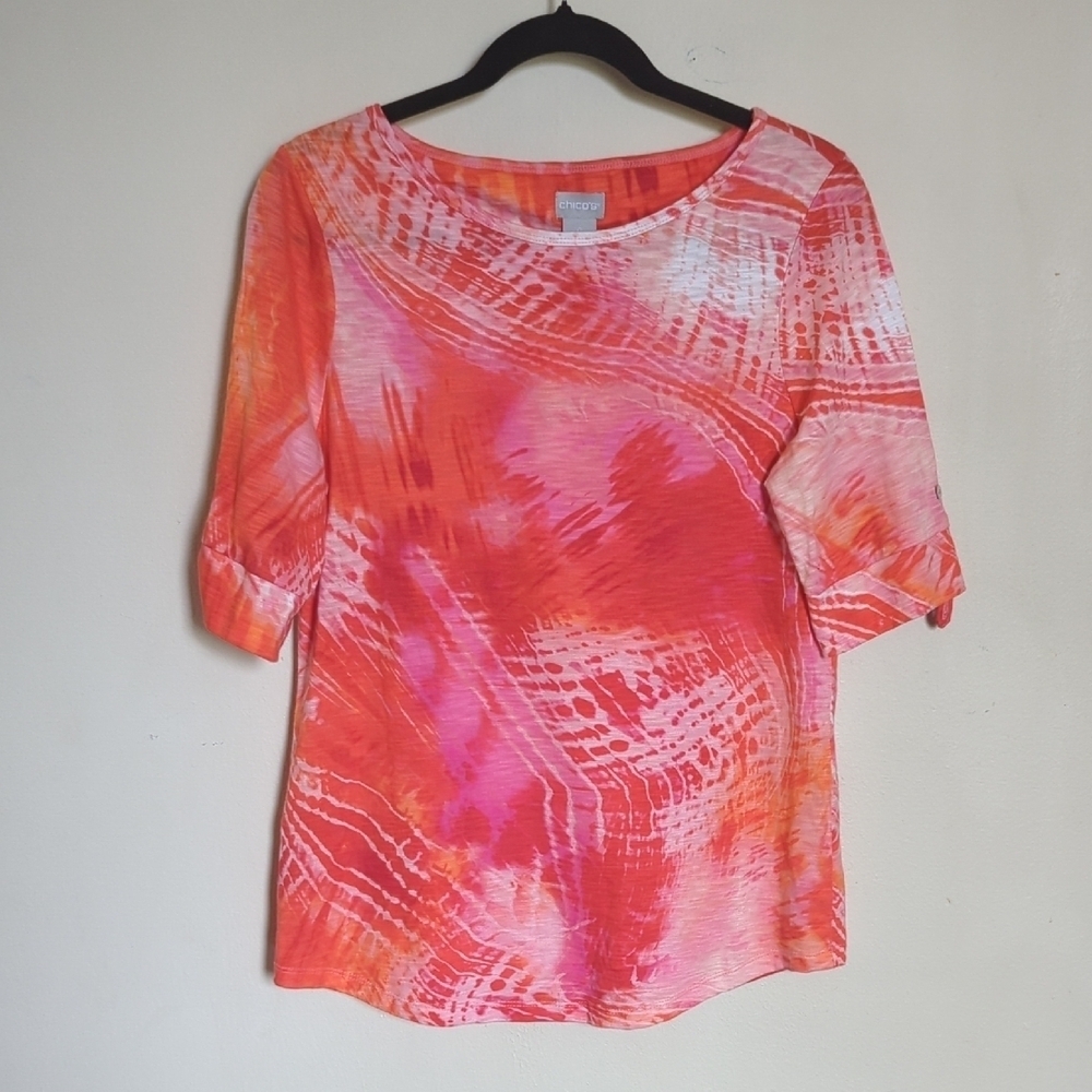 Chico's tie-dye roll-tab sleeve shirt elbow-length sleeves colorful Size 1 / S